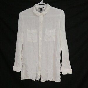 FOREVER 21 medium Textured Sheer White Button-Up Shirt With Roll Tab Sleeves